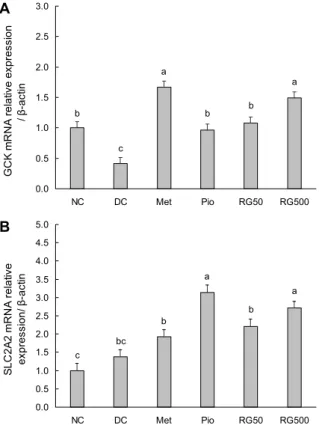 Fig. 5. GCK mRNA and SLC2A2 mRNA expression in liver  tissues by RG water extract, pioglitazone or metformin was  treat-ed to mice by oral administration daily for 4 weeks
