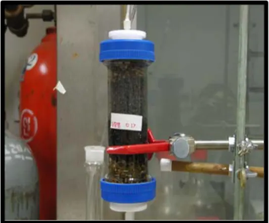 Figure  2.  Picture  of  the  whole  column  experiment. 3.  실험  결과 3.1.  B  토양  세정  칼럼  실험  결과 TPH  농도가  14628.4mg/kg인  B토양을  대상으로  증류수만을  이용하여  세정한  경우,  세정  초기에는  세정시간에  따라  증가하였으나,  약  3  pore  volume  세정  후부터는  약  100-150mg/L의  농도로  일정하게  유지되었다