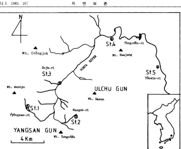 Fig.  1.  A  map  showing  the  surveyed  area  from  Hoeya  Ri ver ,  1984 