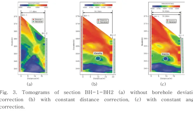 Fig.  3.  Tomograms  of  section  BH-1-BH2  (a)  without  borehole  deviation  correction  (b)  with  constant  distance  correction,  (c)  with  constant  angle  correction