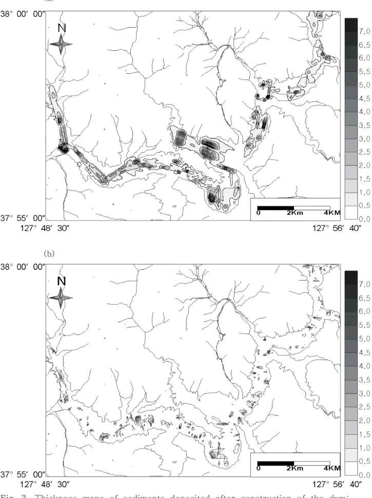 Fig.  3.  Thickness  maps  of  sediments  deposited  after  construction  of  the  dam: 