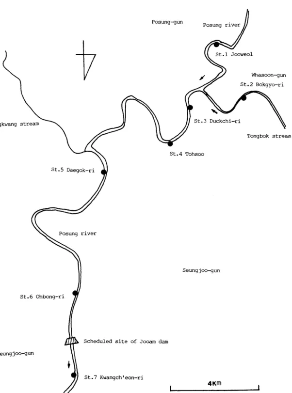 Fig.  1. A  map  of study  area  in the  main  Posóng  river ,  Aug. ,  1988 