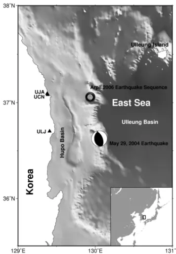 Fig. 1.  Epicentral locations (open circles) of the April 2006 earth- earth-quake sequence on a topographic relief map of the East Sea