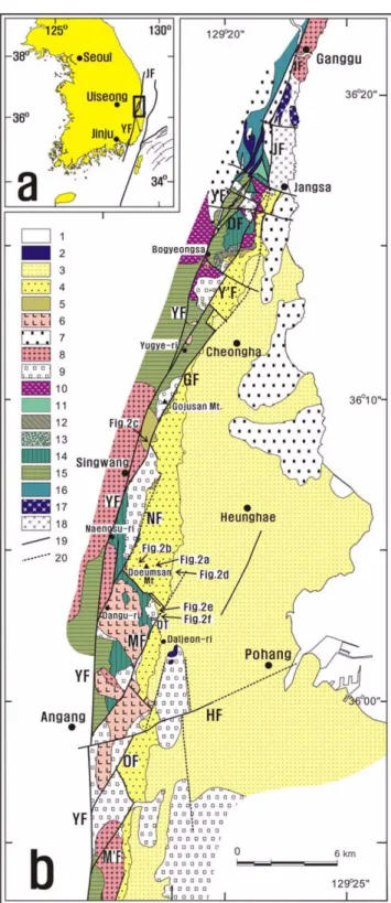 Fig. 1.  Location (a) and geological maps (b) of the study area. 1.