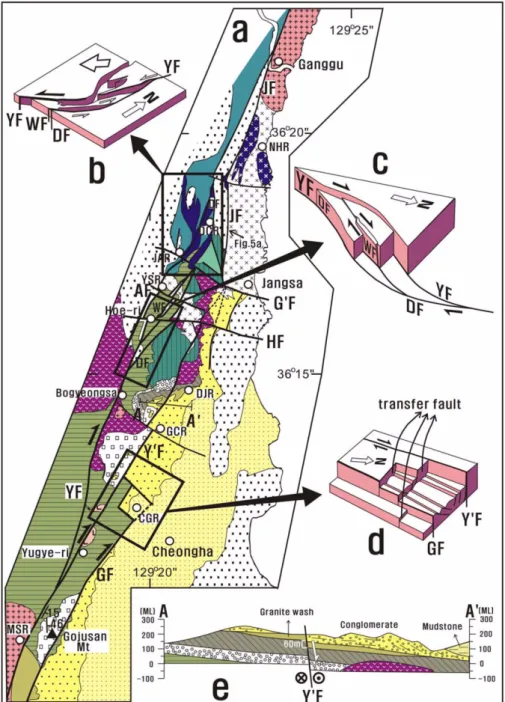 Fig. 3.  Geological structure in the  Ganggu-Singwang area. (a) Detailed  map. (b) Emplacement of basalt and  extension structure in propagation of  sinistral fault