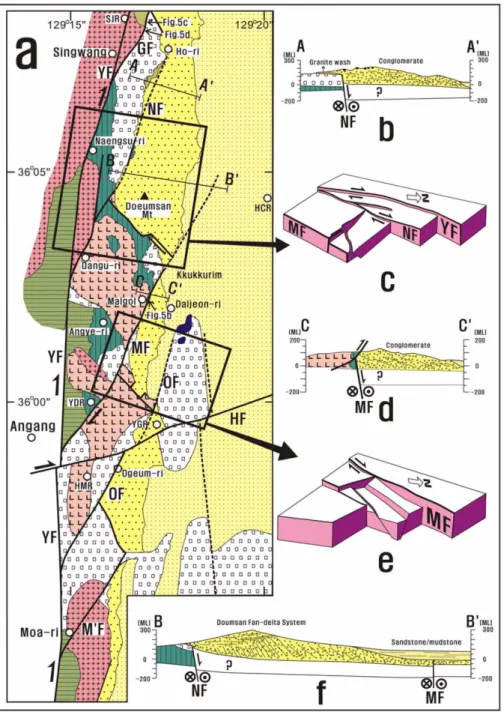 Fig. 4.  Geological structure in the  Singwang – Moa-ri area. (a) Detailed  map. (b) Geological cross section of  line A-A’