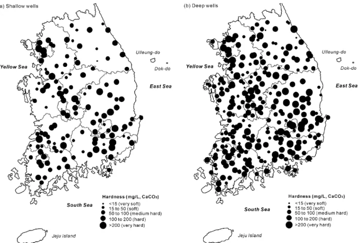 Fig. 5.  Distribution of groundwater hardness (mg/L, CaCO 3 ) for shallow and deep groundwaters.
