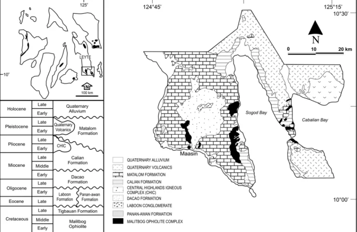 Fig. 9.  Geologic map and stratigraphic column of southern Leyte island (modified from 2003 Geology 170 and 215 classes)