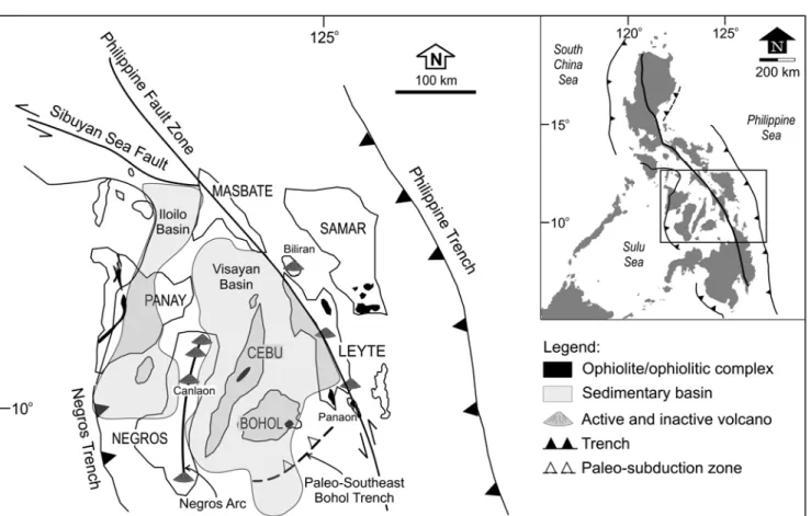 Fig. 1.  Tectonic elements of Central Philippines. The majority of the islands comprising Central Philippines is underlain by Cretaceous ophiolite complexes
