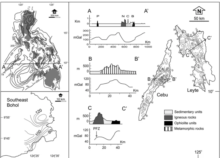 Fig. 2.  Airborne gravity maps for the islands of Cebu and Leyte (modified from JICA-MMAJ, 1990) show that relatively high values characterize the central part of Cebu and the northeastern and southwestern tips of Leyte