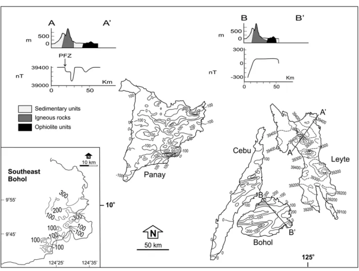 Fig. 3.  Aeromagnetic anomalies for the islands of Panay, Cebu, Bohol and Leyte (modified from JICA-MMAJ, 1990) (dashed line = total magnetic intensity values; solid line = International Geomagnetic Reference Field-reduced magnetic anomalies)