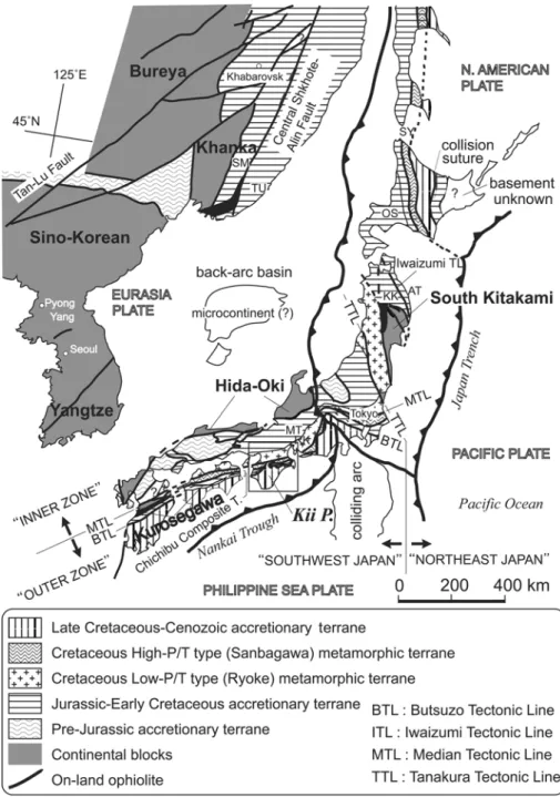 Fig. 1.  Tectonic map of Japan and the  adjacent areas (compiled and modified  after Kirillova, 2003a; Kojima and  Kametaka, 2000; Isozaki and  Maruyama, 1991)