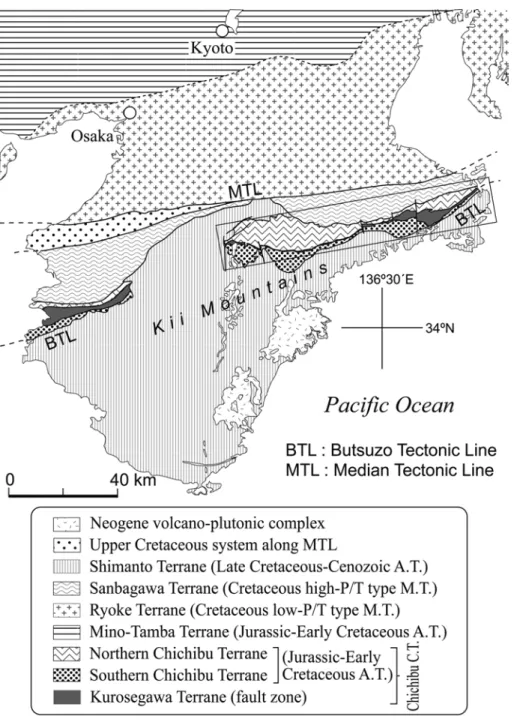 Fig. 2.  Geological map of Kii Penin- Penin-sula (compiled and modified after  Kurimoto et al., 1998; Tanaka et al.,  1982; Kato et al., 2002)