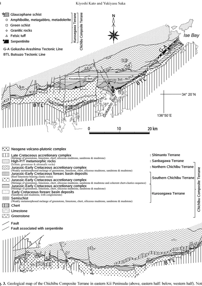 Fig. 3.  Geological map of the Chichibu Composite Terrane in eastern Kii Peninsula (above, eastern half: below, western half)