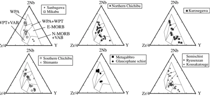 Fig. 6.  Zr-Nb-Y discrimination diagrams for basalts (after Meschede, 1986).