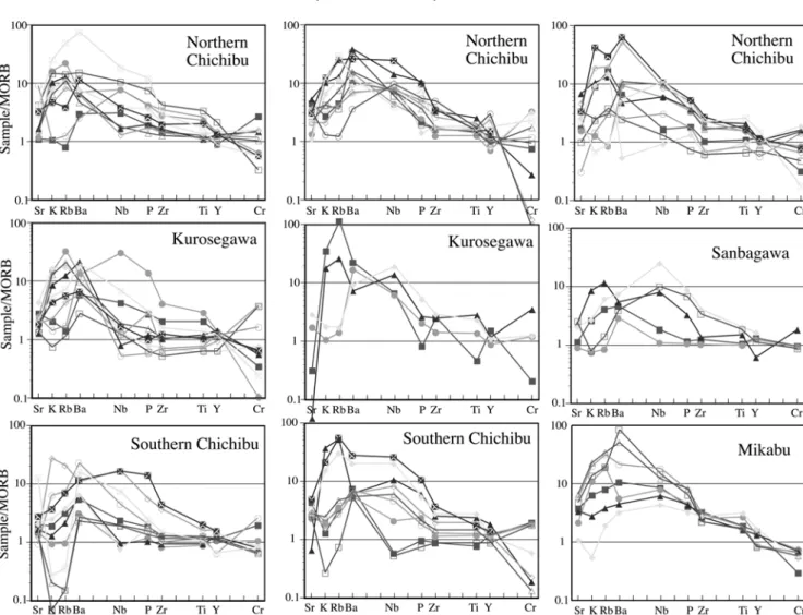 Fig. 7.  MORB-normalized spider diagrams for basic rocks of the Jurassic-Early Cretaceous accretionary complexes (after Pearce, 1983).