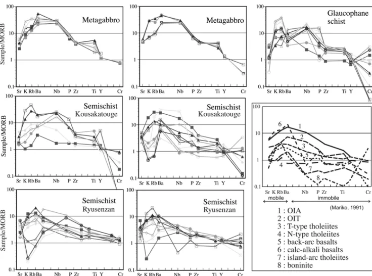 Fig. 8.  MORB-normalized spider diagrams for basic rocks of the Kurosegawa Rocks (after Pearce, 1983).