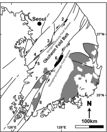 Fig. 1.  The distribution of the Cretaceous basins in the southern Korean Peninsula (modified after Lee, 1999)