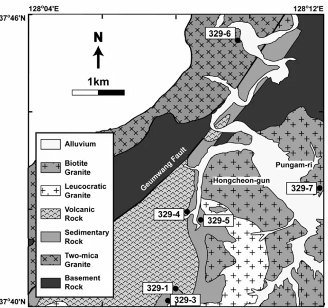 Fig. 2.  Geological map of the Pungam Basin, Korea (modified from Kang and Jin, 1972)