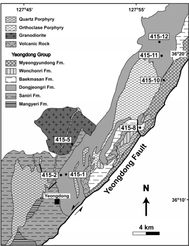 Fig. 3.  Geological map of the Yeongdong Basin, Korea (modified from Kim and Hwang, 1986; Doh et al., 1996)