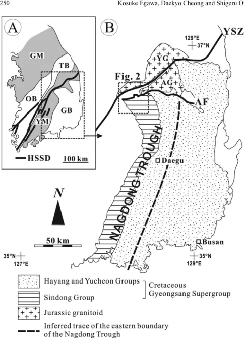 Fig. 1.  ( A ) Simplified map showing  the geology in South Korea (modified  after Han et al., 2006)