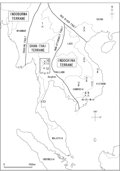 Fig. 1.  Map showing the localities of  Early Jurassic bivalves in southeast  Asia (modified after Hayami, 1960,  1972; Reed, 1936; Healey, 1908), 1: 
