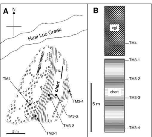 Fig. 4.  Sketch (A) and column (B)  showing the locality of the TM3 chert  and TM4 conglomerate and the  strati-graphic positions of the sampled  hori-zons