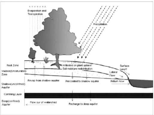 Fig. 2.  Schematic flow chart of pathways available for water movement in SWAT (Neitsch et al., 2001).