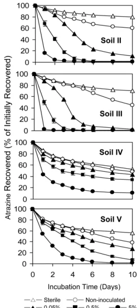 Fig. 4.  Effect of inoculation rate of activated-soil on degradation of atrazine in soils treated with atrazine