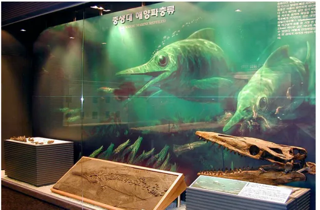 Fig. 1. Old booth of the ‘Mesozoic Marine Reptiles'. A mosasaur skull replica (Tylosaurus - right), a ichthyosaur  (Stenopterygius - center) and partial plesiosaur skeletons (Plesiosaurus - left) were displayed in front of the diorama  of the Jurassic mari