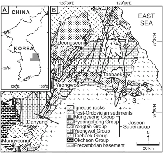Fig. 1. A. Index map indicating the approximate location of Fig. 1B. B. Geologic map of the Taebaeksan Basin showing  the fossil localities of stylophorans