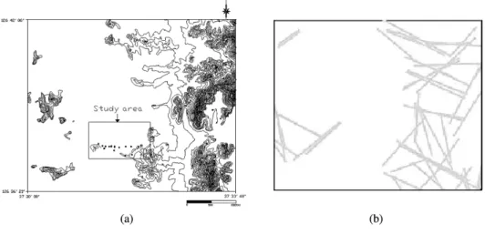 Fig. 1. Location map of the study area (a) and linear structures represented in analysis using the digital elevation method (b).