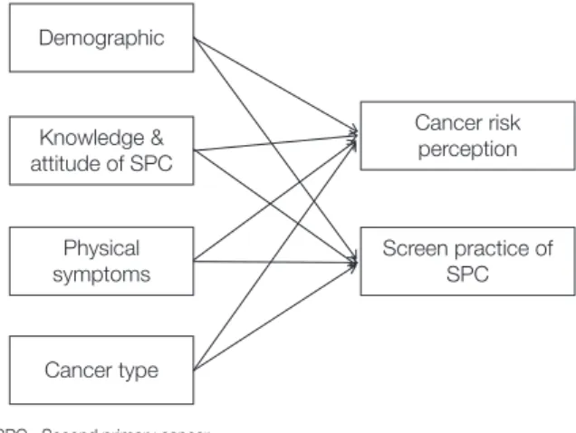 Figure 1. Conceptual model for practice of second primary cancer  screening. Cancer riskperception Screen practice of SPC DemographicPhysicalsymptomsKnowledge &amp;attitude of SPCCancer type