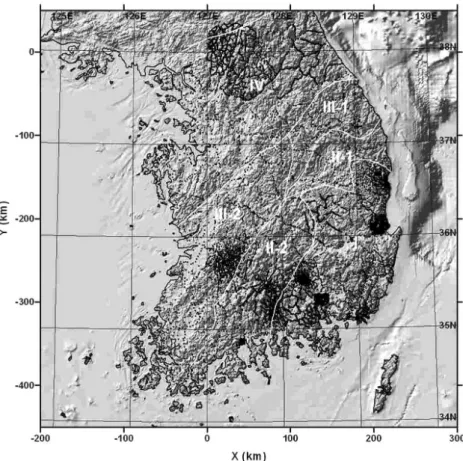 Fig. 1. The relief map of study area showing tectonic zoning: The dots represent spatial distribution of gravity data.