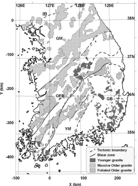 Fig. 1. Distribution of Phanerozoic granitoids: Tectonic zoning and classification of granoitoids are referred to Chough et al