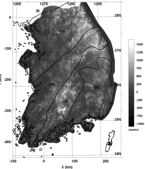 Fig. 2. Topography of the study area: we have used the same labels for tectonic zoning as in Fig