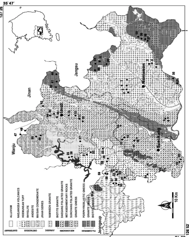 Fig. 1.  Geologic map, hydrosphere and sampling points in the study area (Kim et al,1984; Kim and Lee,1984; Kim et al.,1964; Kim et al.,1982).
