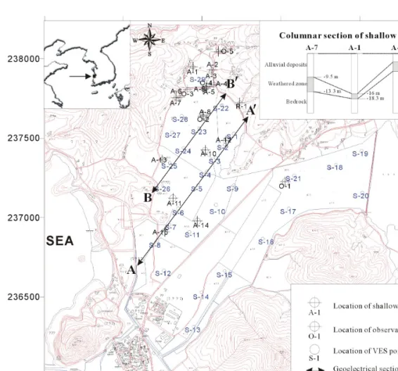 Fig.  1.  Location  map  with  the  columnar  section  of  shallow  wells. 