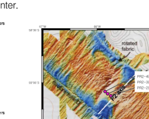 Fig. 3. Bathymetry of P2 segment of the  Antarctic-Phoenix Ridge, obtained using  Simrad EM12 multibeam sonar  (Livermore et al., 2000)