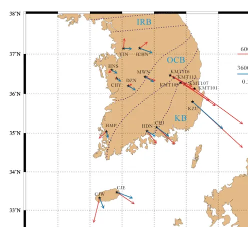 Fig. 1 Observed in-phase induction arrows for 600 and 3600 seconds  at 17 observation sites