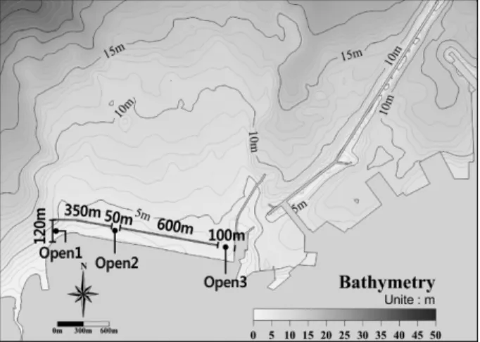 Fig. 11. Plan view of LCS and bathymetry around the structure.