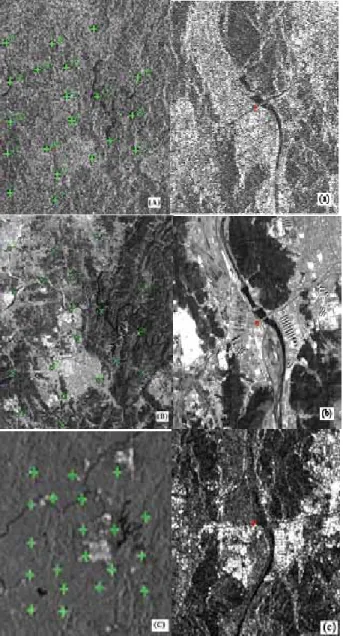 Fig. 3. The selected GCPs and identical point in ERS (A),  (a), SPOT (B), (b) and RADARSAT (C), (c)