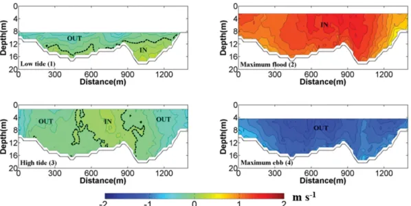 Fig. 2. The along-channel current velocity at Line1 during spring tide: (1) Low tide, (2) Maximum flood, (3) High tide, and (4) Maximum ebb.
