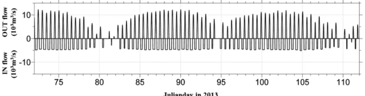 Fig. 3. Horizontal surface current vectors. (a) Flood flow during generation time on operation of STPP (b) Ebb flow during discharge time on operation of STPP (c) Maximum flood flow before operation of STPP (d) Maximum ebb flow before operation of STPP.