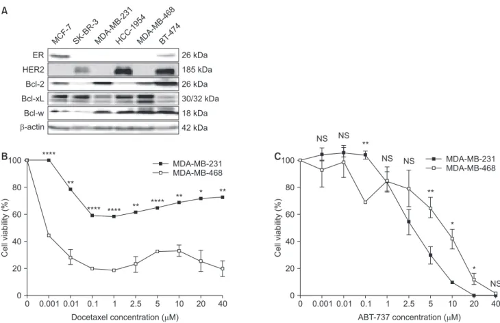 Fig. 1. Western blot analysis for ER, HER2, Bcl-2, Bcl-xL, and Bcl-w using 6 breast cancer cell lines and MTT assay using  MDA-MB-231 and MDA-MB-468 after docetaxel or ABT-737 monotherapy
