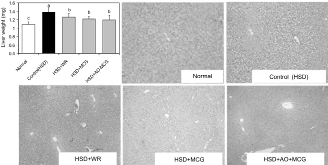 Fig. 2. Liver weight and histological observations of liver tissue in experimental and control C57BL/6J mice with high sucrose  diet induced non-alcoholic fatty liver disease