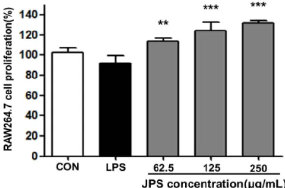Fig. 1. Cell proliferation activity of Jubak polysaccharide (JPS) in RAW264.7 macrophage cell