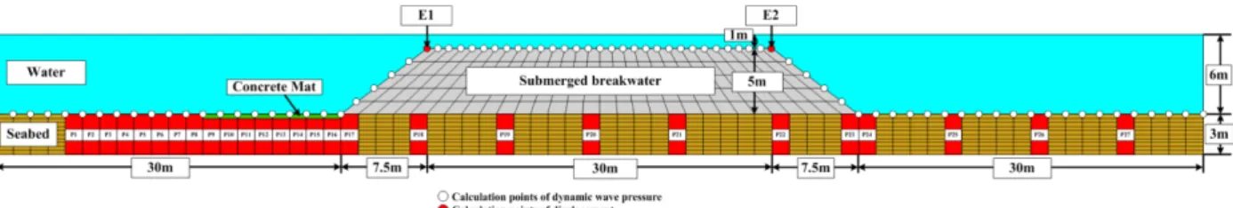 Fig. 1. Schematic sketch of the numerical regular wave-submerged breakwater-soil tank used in 2D-NIT &amp; FLIP models.