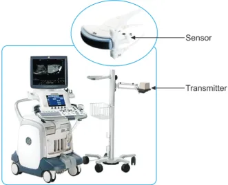 Fig. 1. Ultrasound system. This system was equipped with  an electromagnetic tracking system, a transmitter and a small  sen sor mounted on the ultrasound probe.