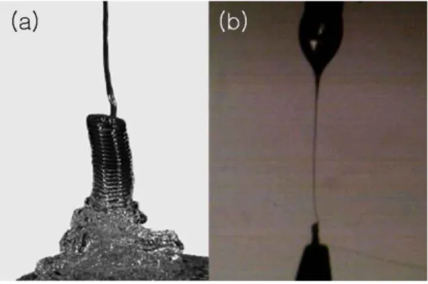 Fig. 2 Analogy between coiling of viscous  fluid(a) and electrospun liquid jet(b) 